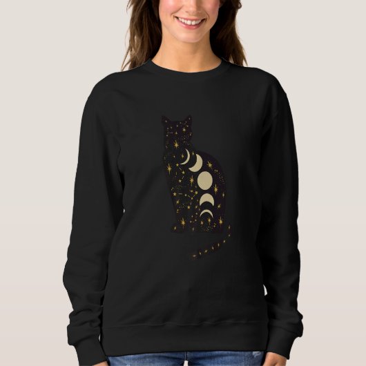 Sweatshirt Black Mystical Cat Moon Phases Astrology Crescent  (Devant)