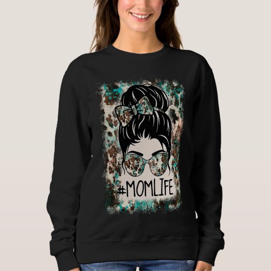 Sweatshirt Bleached Mom Life Western Cowhide Messy Bun Mother (Devant)