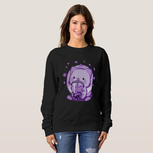 Sweatshirt Boba Chat Boire Boba Thé Cute Chat Japonais Drôle (Devant entier)