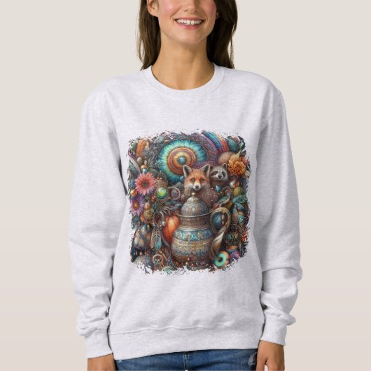 Sweatshirt Boho Fox Raccoon Floral Design (Devant)