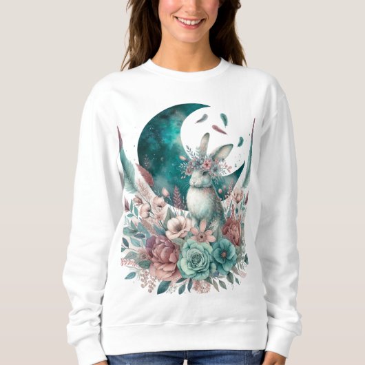 Sweatshirt Boho Moon Flowers Turquoise et Mauve Bunny Sweatsh (Devant)