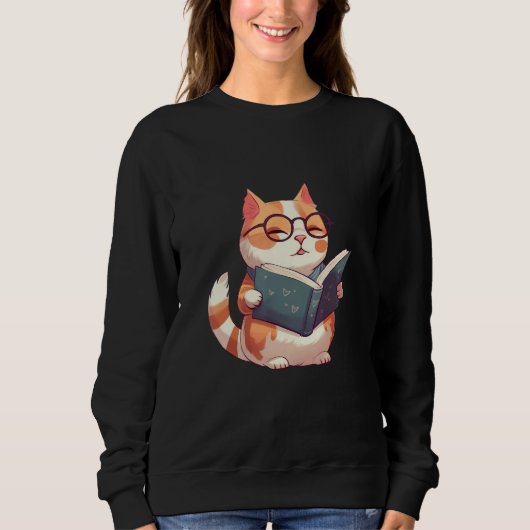 Sweatshirt Bookish Cat with Glasses Cute & Intellectual Desi (Devant)
