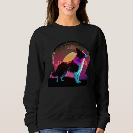 Sweatshirt Border Collie Synthwave 80s Retrowave Aesthetic (Devant)