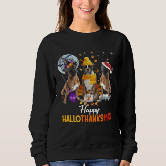 Sweatshirt Boston Terrier dog Happy Hallothanksmas Halloween  (Devant)