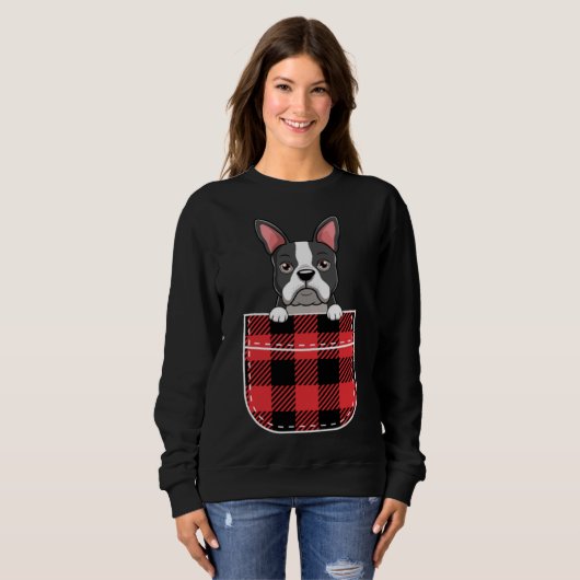 Sweatshirt Boston Terrier Dog In Buffalo Plaid Pocket (Devant entier)
