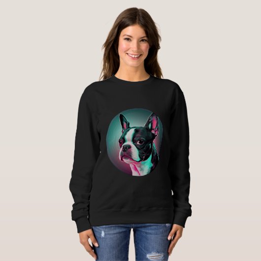 Sweatshirt Boston Terrier Synthwave 80s Retrowave Aesthetic (Devant entier)