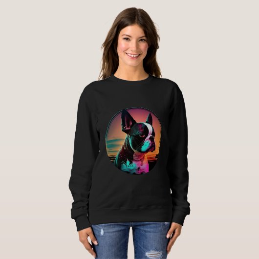 Sweatshirt Boston Terrier Synthwave 80s Retrowave Aesthetic   (Devant entier)