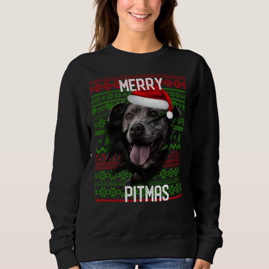 Sweatshirt Briser Mur Grey Chien Pitbull Noël Chapeau de Noël (Devant)