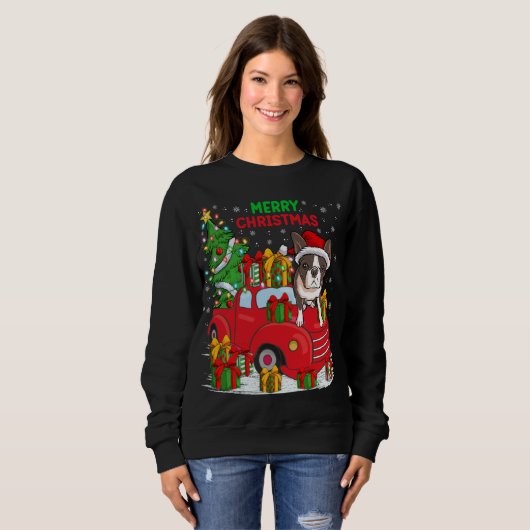 Sweatshirt Camion rouge Xmas Tree - Éclairage Boston Terrier  (Devant entier)