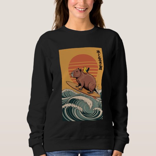 Sweatshirt Capybara Surfing Japanese Retro Sunset (Devant)