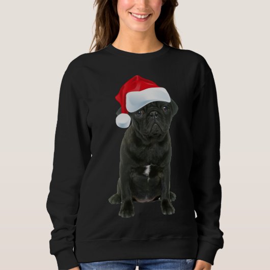 Sweatshirt Carlin noir mignon Santa Chapeau drôle Corresponda (Devant)
