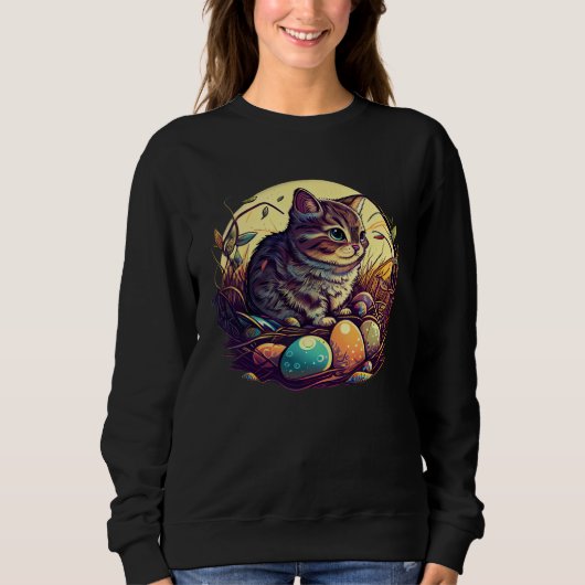 Sweatshirt Cat Illustration Easter Graphic with Eggs for Cat (Devant)