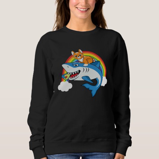 Sweatshirt Cat Riding Shark Eating Avocado With Rainbow For C (Devant)
