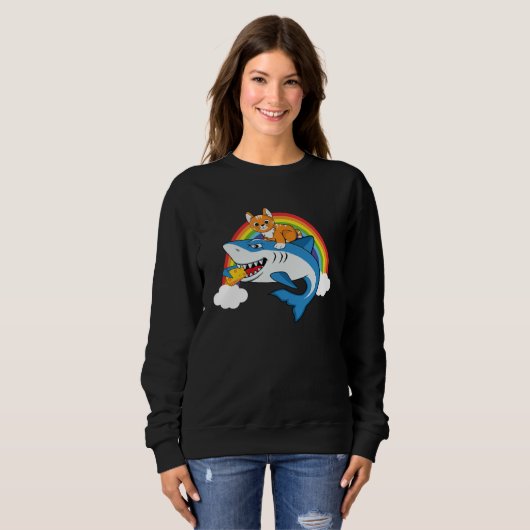 Sweatshirt Cat Riding Shark Eating Cheese With Rainbow For Ca (Devant entier)
