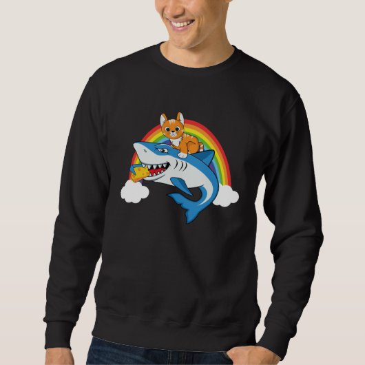 Sweatshirt Cat Riding Shark Eating Cheese With Rainbow For Ca (Devant)