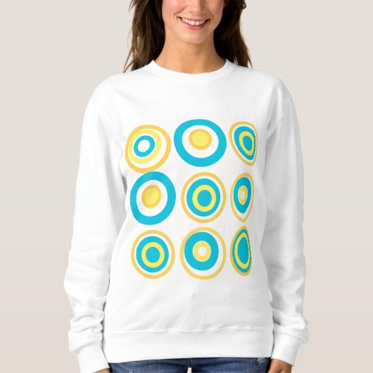 Sweatshirt Cercles Rétro Turquoise Jaune Sur Blanc (Devant)
