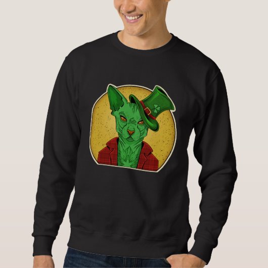 Sweatshirt Chat Alien Vert Sphynx Leprechaun Cool Sans Poils (Devant)
