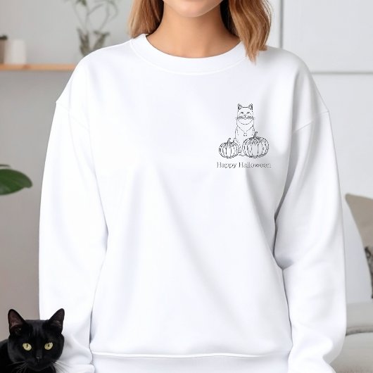 Sweatshirt Chat Avec Citrouille Simple Line Art Heureux Hallo