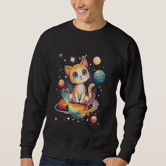 Sweatshirt chat dans l'espace avec des planètes dans les gala (Devant)