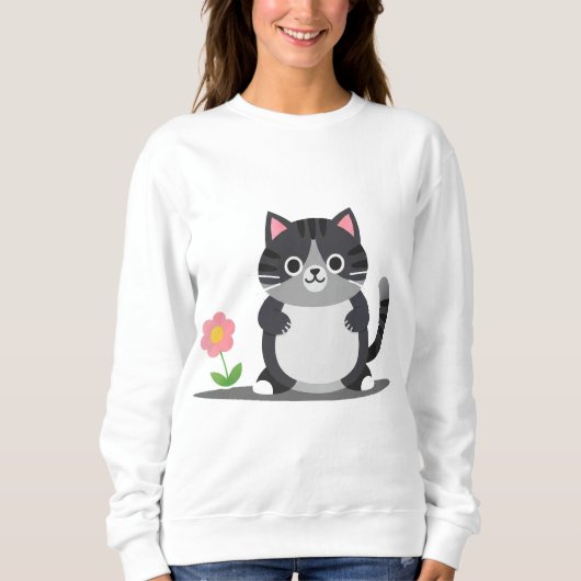 Sweatshirt Chat de dessin animé adorable avec fleur (Devant)