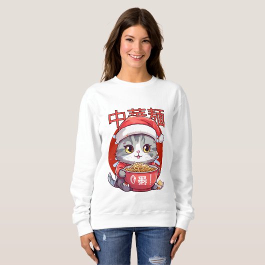 Sweatshirt chat mangeant des nouilles de ramen (Devant entier)
