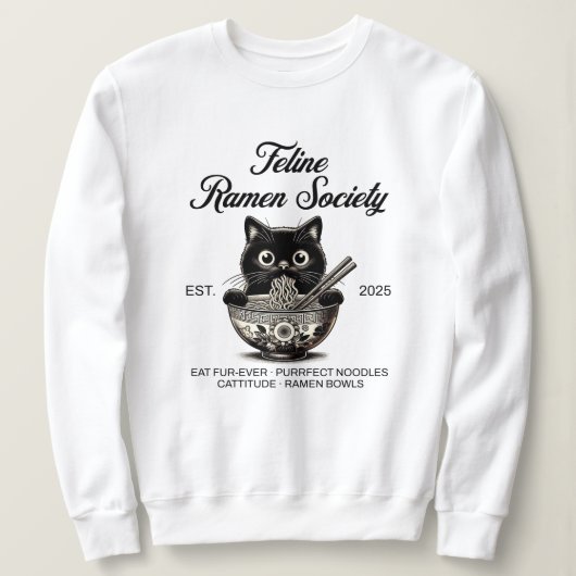 Sweatshirt Chat noir mangeant des nouilles Ramen (Design devant)