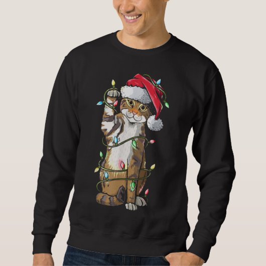 Sweatshirt Chat Santa Claus Casquette lumières de Noël Drôle (Devant)