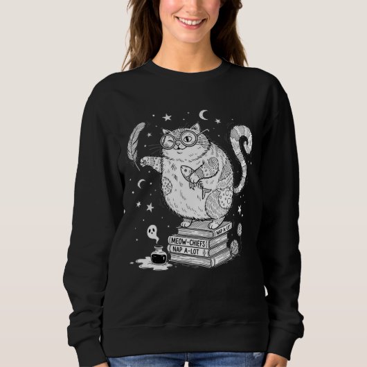Sweatshirt Chat sorcier drôle sur des livres (Devant)