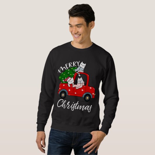 Sweatshirt Chats xmas Arbre sur Camion Rouge Chat Arbre de No (Devant entier)