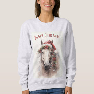Sweatshirt Cheval Blanc Santa Chapeau Rouge Poinsettias Noël