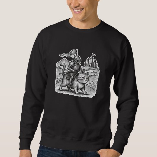 Sweatshirt Chevalier de la Gravure Rétro Chevauchant un Chat (Devant)