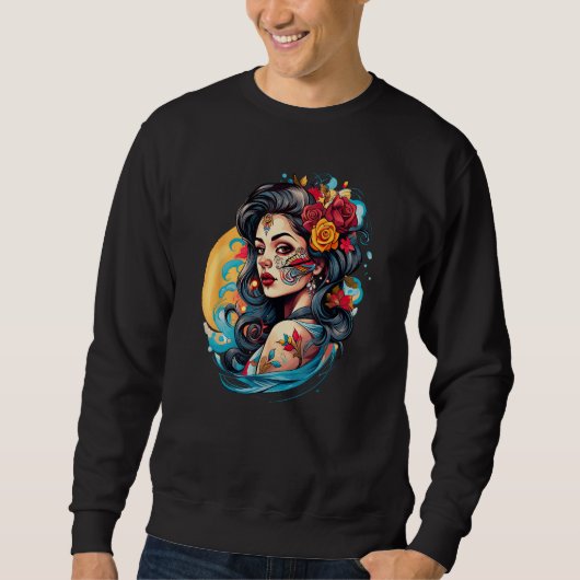 Sweatshirt Chicano Girl Mexico Flowers Death Pretty 2 (Devant)