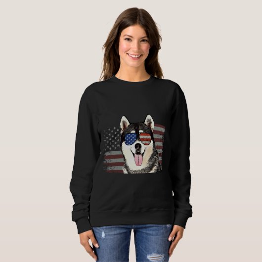 Sweatshirt Chien sibérien Husky Juillet 4 Retro Usa American (Devant entier)