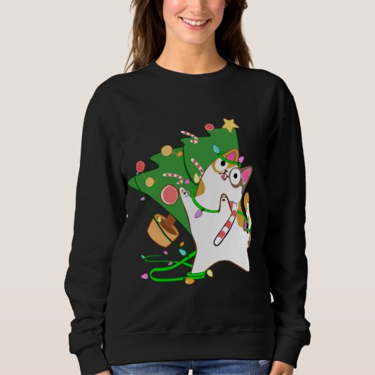 Sweatshirt Christmas Cat Calico frappe sur xmas tree kitty cu (Devant)