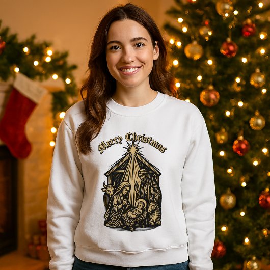 Sweatshirt Christmas Nativity Retro Medieval Woodcut