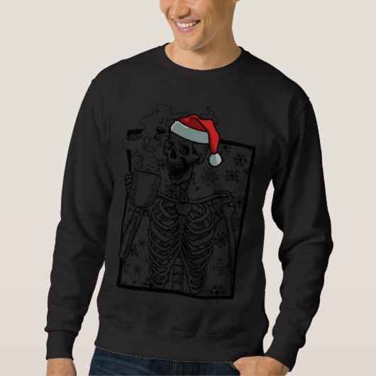 Sweatshirt Christmas Skeleton and Smiling Skull drinking Coff (Devant)