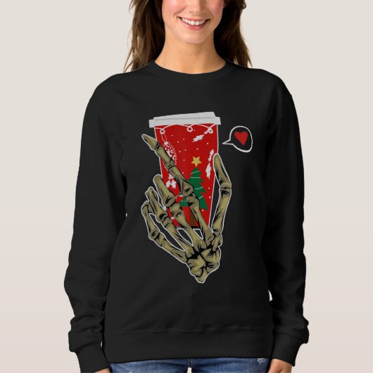Sweatshirt Christmas Skeleton Hand Drinking Coffee Latte Paja (Devant)
