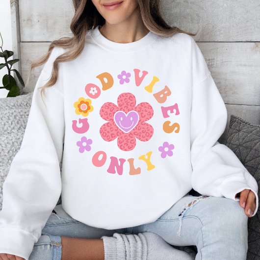 Sweatshirt Citation positive de la fleur rétro Good Vibes uni