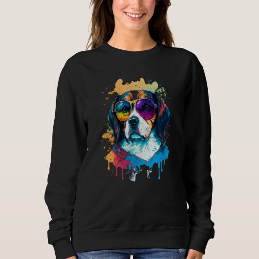 Sweatshirt Colorful Cute Dog Beagle with Sunglasses Animal (Devant)