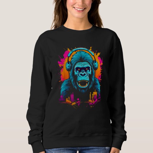 Sweatshirt Colorful Gorilla With Headphones Ape Wildlife Artw (Devant)