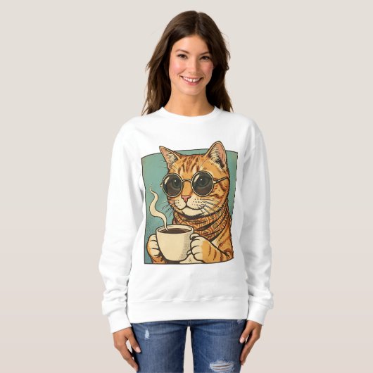 Sweatshirt Cool Cat Coffee Retro Style Design for Cat Lovers (Devant entier)