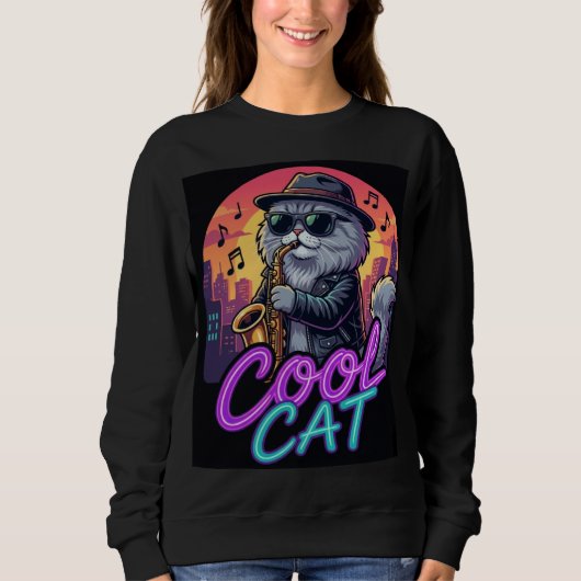 Sweatshirt Cool Cat Saxophone – Retro Neon 90s Jazz Cat Desig (Devant)