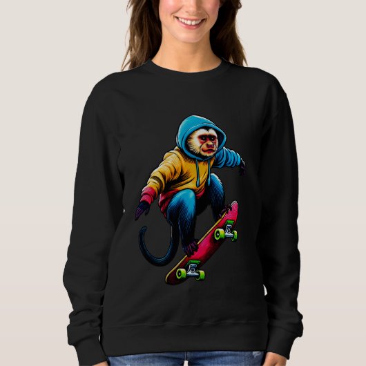 Sweatshirt Cool Funky Capuchin Monkey Skateboard Illustrat (Devant)