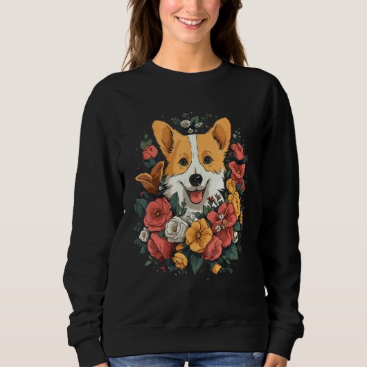 Sweatshirt Corgi Flower Bouquet T Shirt (Devant)