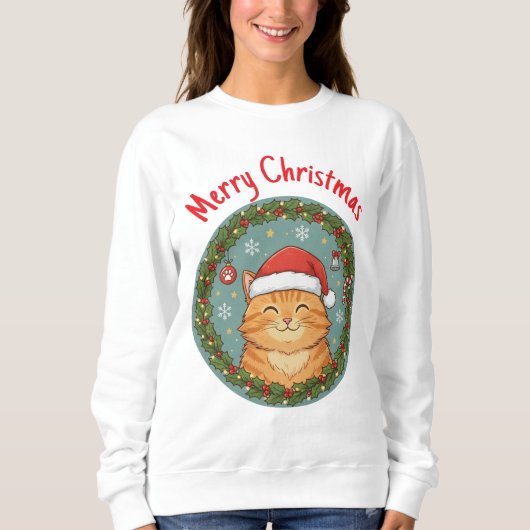 Sweatshirt Couronne de Noël avec un chat mignon (Devant)
