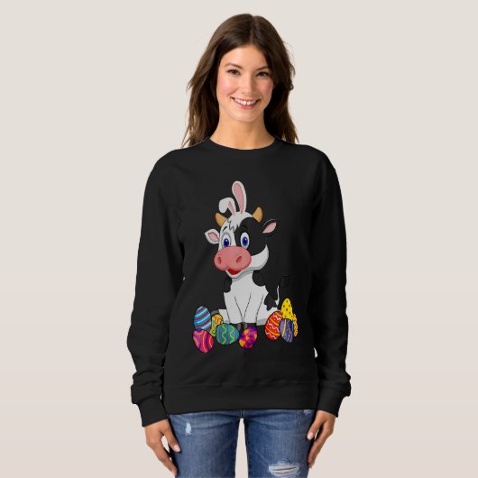 Sweatshirt Cow Bunny Ear With Egg Easter Easter Day Classic (Devant entier)