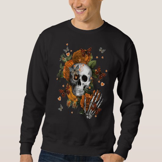 Sweatshirt Crâne aux fleurs et papillons orange Humour foncé (Devant)