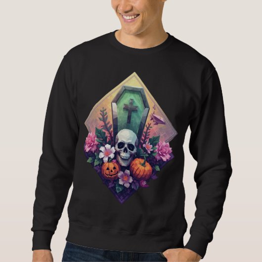 Sweatshirt Crâne de café floral avec art Pixel citrouille (Devant)