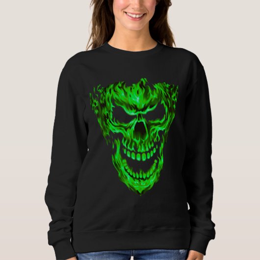 Sweatshirt Crâne de flamme de feu vert effrayant design impre (Devant)