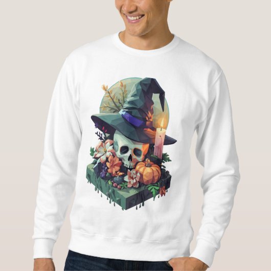 Sweatshirt Crâne floral portant Sorcière Casquette Pixel Art (Devant)